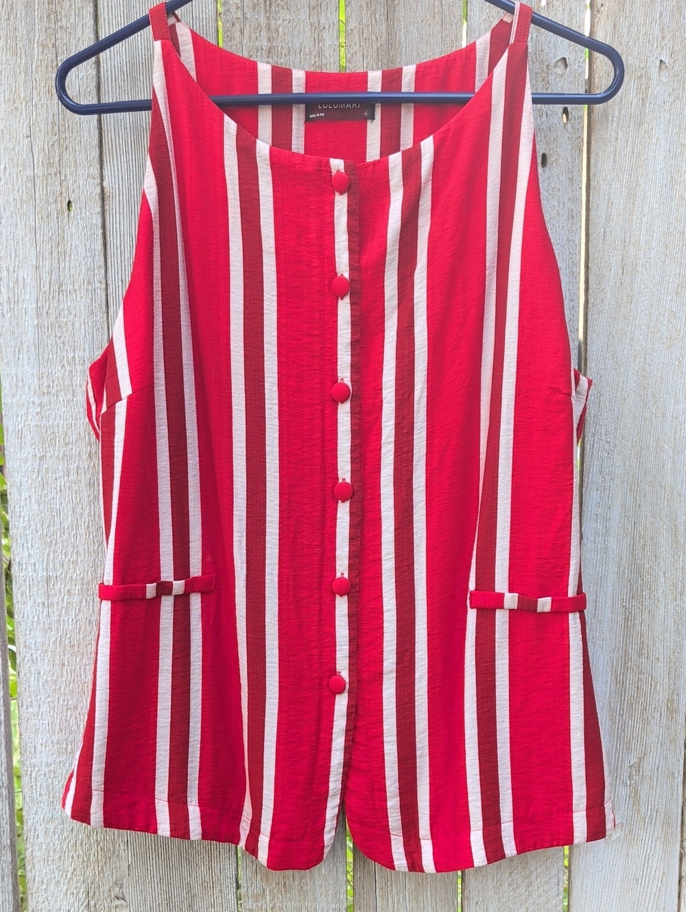 Lulumari Red and White Striped Sleeveless Button-Front Blouse